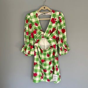 ASOS Design twist front flute sleeve aline mini dress in check floral print US 8